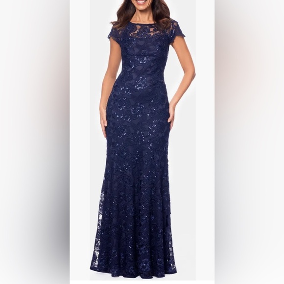 Xscape Navy Lace Gown - Picture 1 of 7